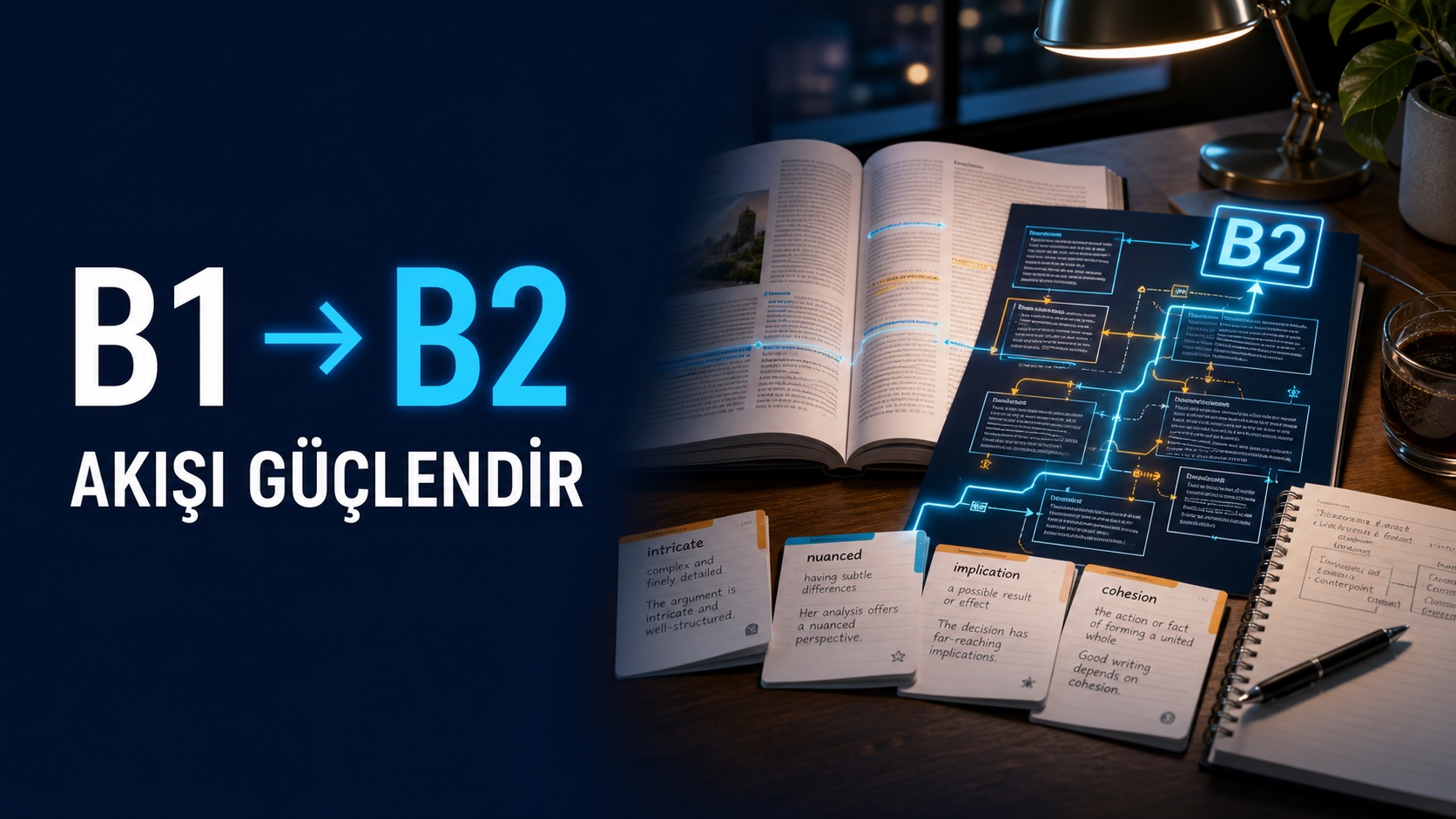 B1 seviyesinden B2 seviyesine ilerleyen karmaşık metin ve kelime haritası