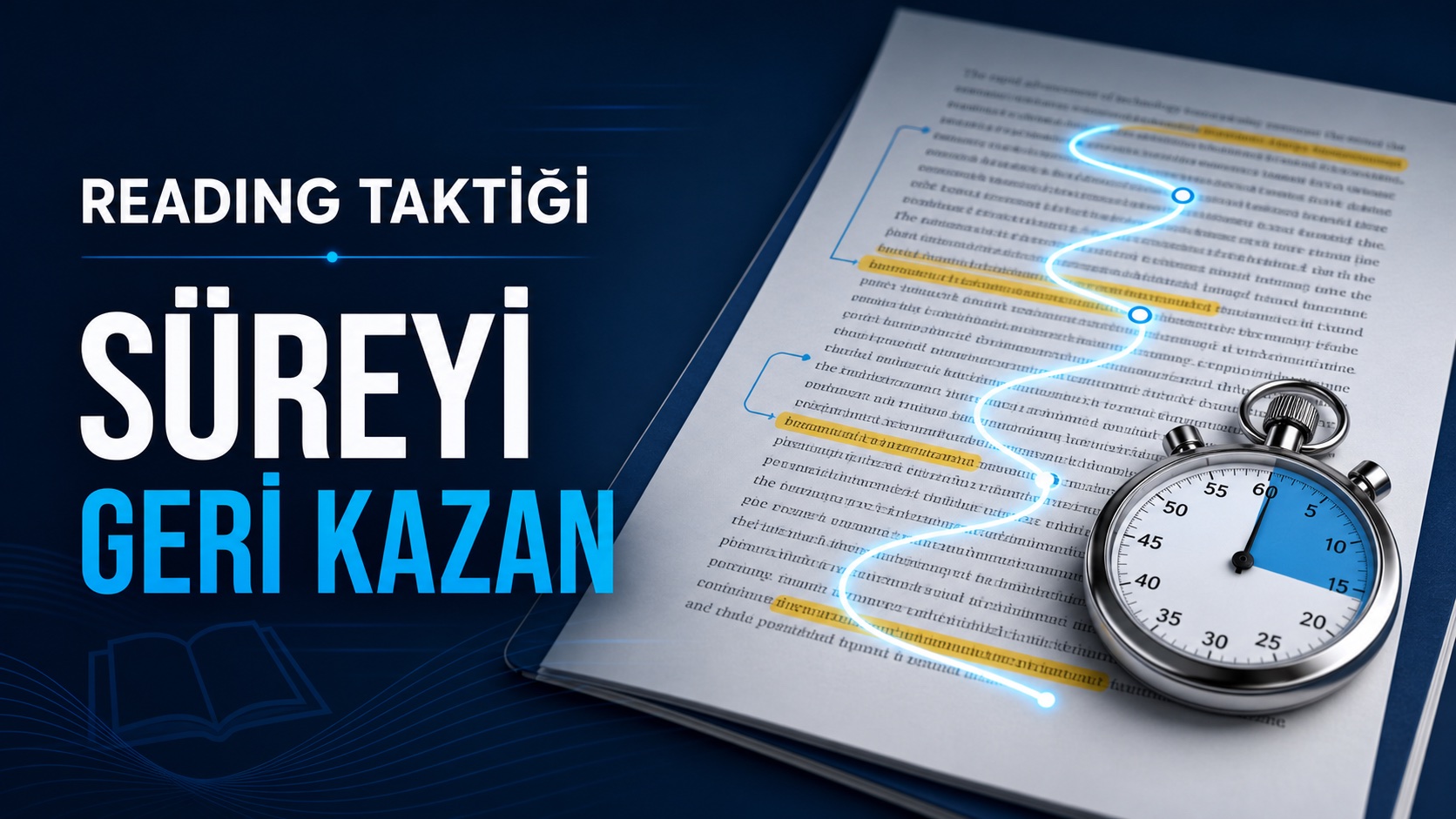 Reading sorularında süre yönetimini gösteren metin ve kronometre
